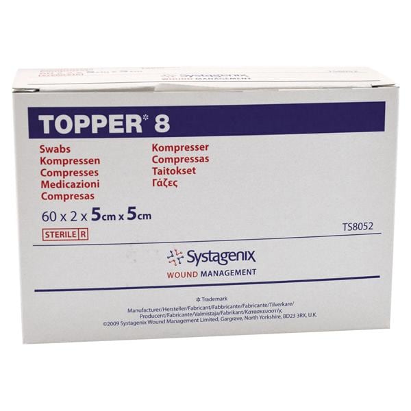 COMPRESSE IN TNT TOPPER 8 - Misura cm 5X5 - Sterili: Box da 60 buste da 2 pz. cad.